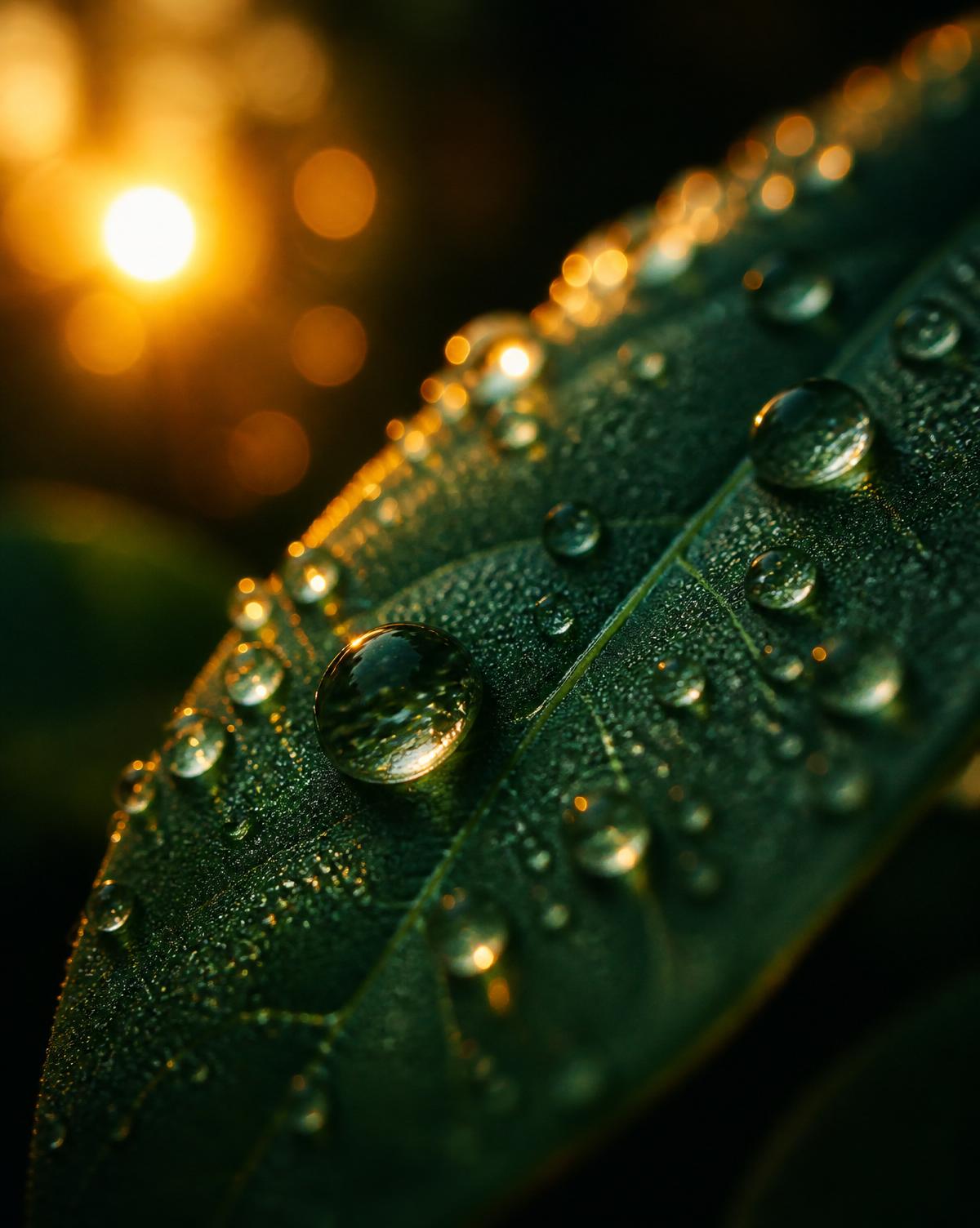 Morning dew on an emerald leaf — a metaphor for growth and potential.
